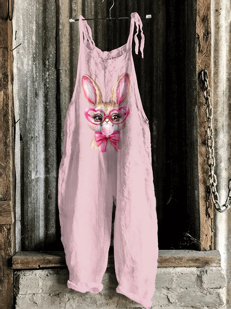 Vintage Easter Bunny Bubble Gum Pattern Casual Jumpsuit