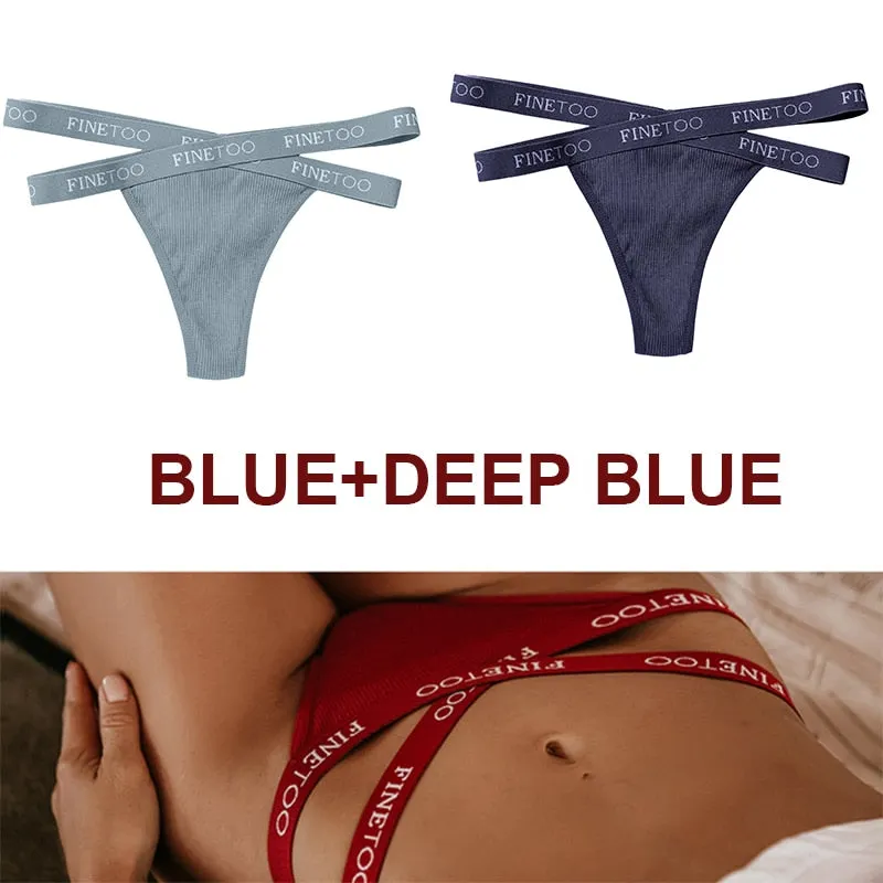 FINETOO 2PCS/Set Women's Cotton G-string Sexy Cross Strap Panties Letter Waisted Underwear Thongs Femme Hollow Out Lady Briefs