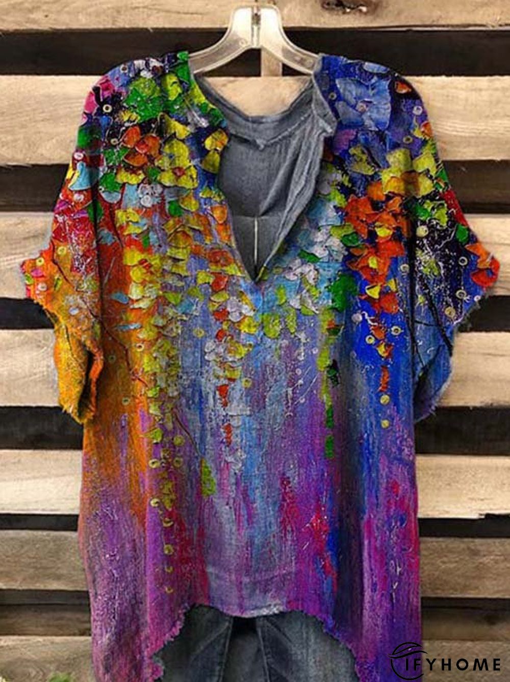 Short Sleeve Floral-Print V Neck Casual Top | IFYHOME