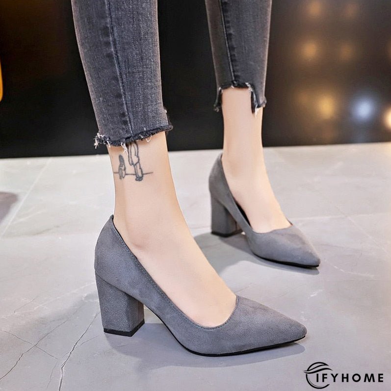 New Women Pumps Flock Sweet Thick High Heels Female Sexy Office Pointed Toe Work Pump Cute Shoes Ladies Footwear | IFYHOME