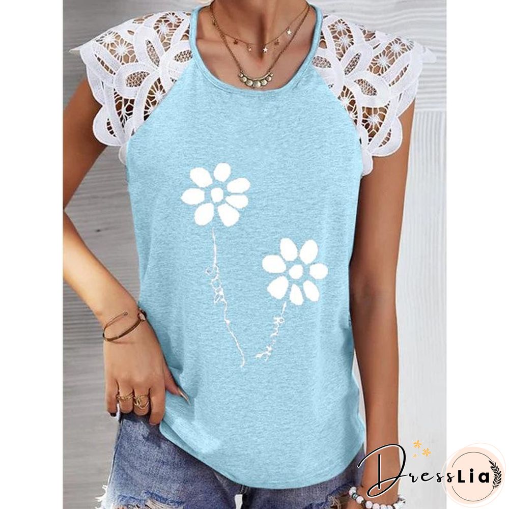 Lace Hollow Sleeve Printed T-Shirt