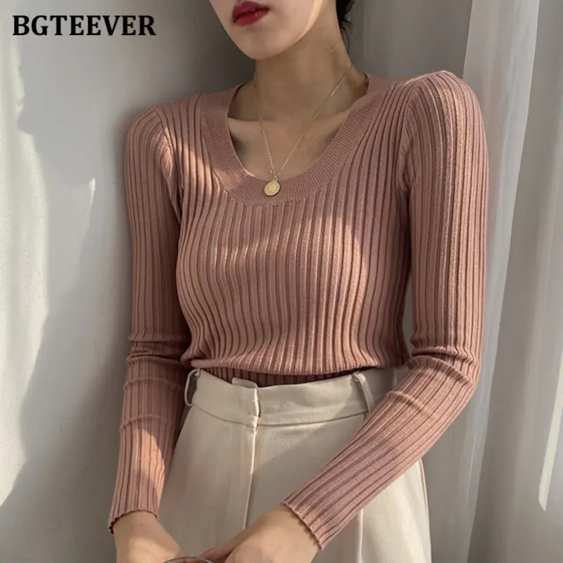 BGTEEVER Autumn Deep O-neck Women Basic Slim Warm Knitted Tops Casual Skinny Stretch Long Sleeve Female Pullover Sweaters 2020