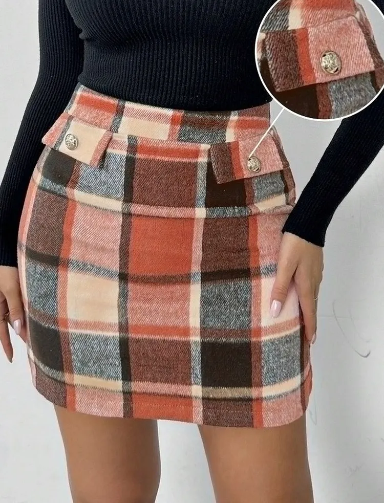 High Waisted Plaid Skirt with Pockets for Women