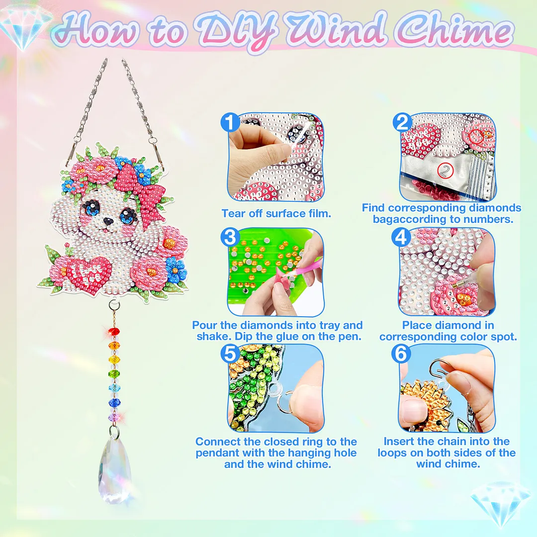 2Pcs Dog DIY Acrylic Diamond Painting Art Wind Chimes with Crystal Pendant Diamond Art Hanging Pendant Double-Sided for Adults Beginners Gift Home Garden Decor