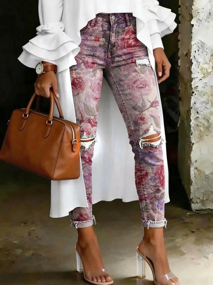 Women's Fashion Vintage Rose Artistic Print Casual Skinny Ripped Jeans