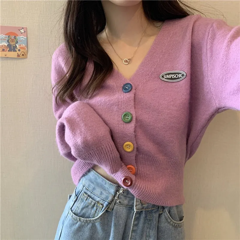New Korean Sweet Cardigan Sweater Women Single Breasted V-neck Long-sleeved Knitted Jacket S-4XL Short Cardigan 6 colors