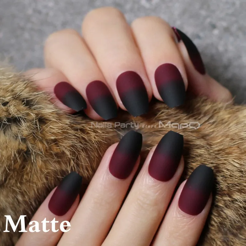 Coffin matte red black gradient fake nail Glossy nails black red medium False nails point Tip 24pcs-Nail Inspo