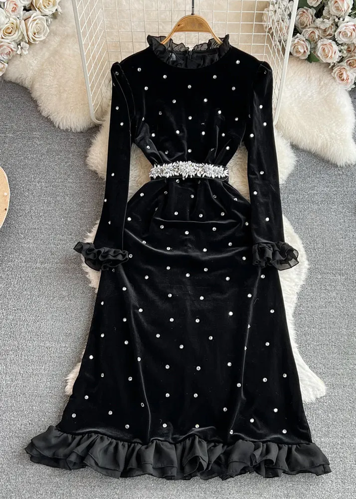Fashion Black Ruffled Stand Collar Patchwork Zircon Flattering Silk Velour Long Dresses Winter