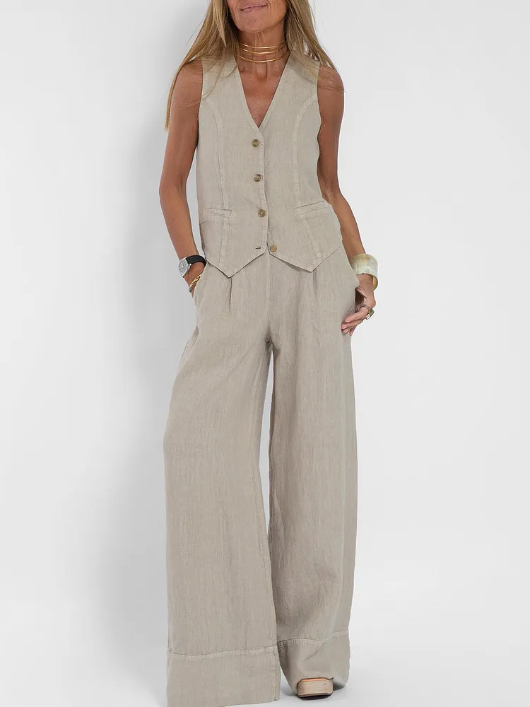 New Fashion Vest Trousers Collage Stitching Cotton And Linen Casual Set