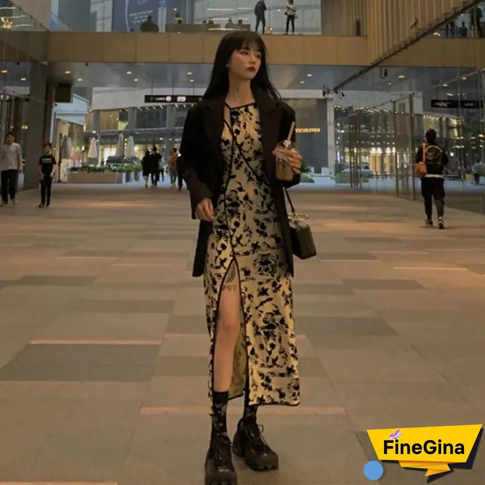 Dresses Women Asymmetrical Fashion Streetwear Summer Side-Slit Design Mid-Calf Print Causal Retro Harajuku Basic Female Elegant
