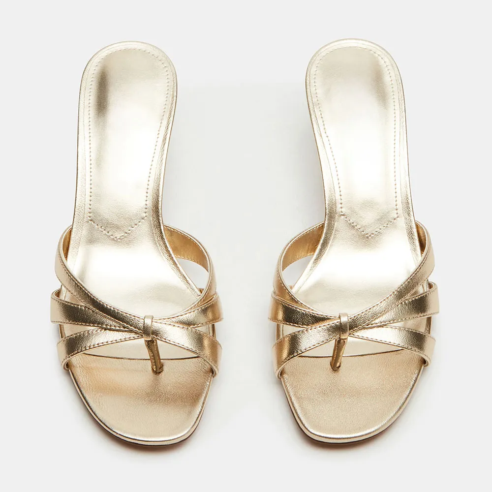 Gold Metallic Finish Open Toe Cross Strap Slide Shoes for Women