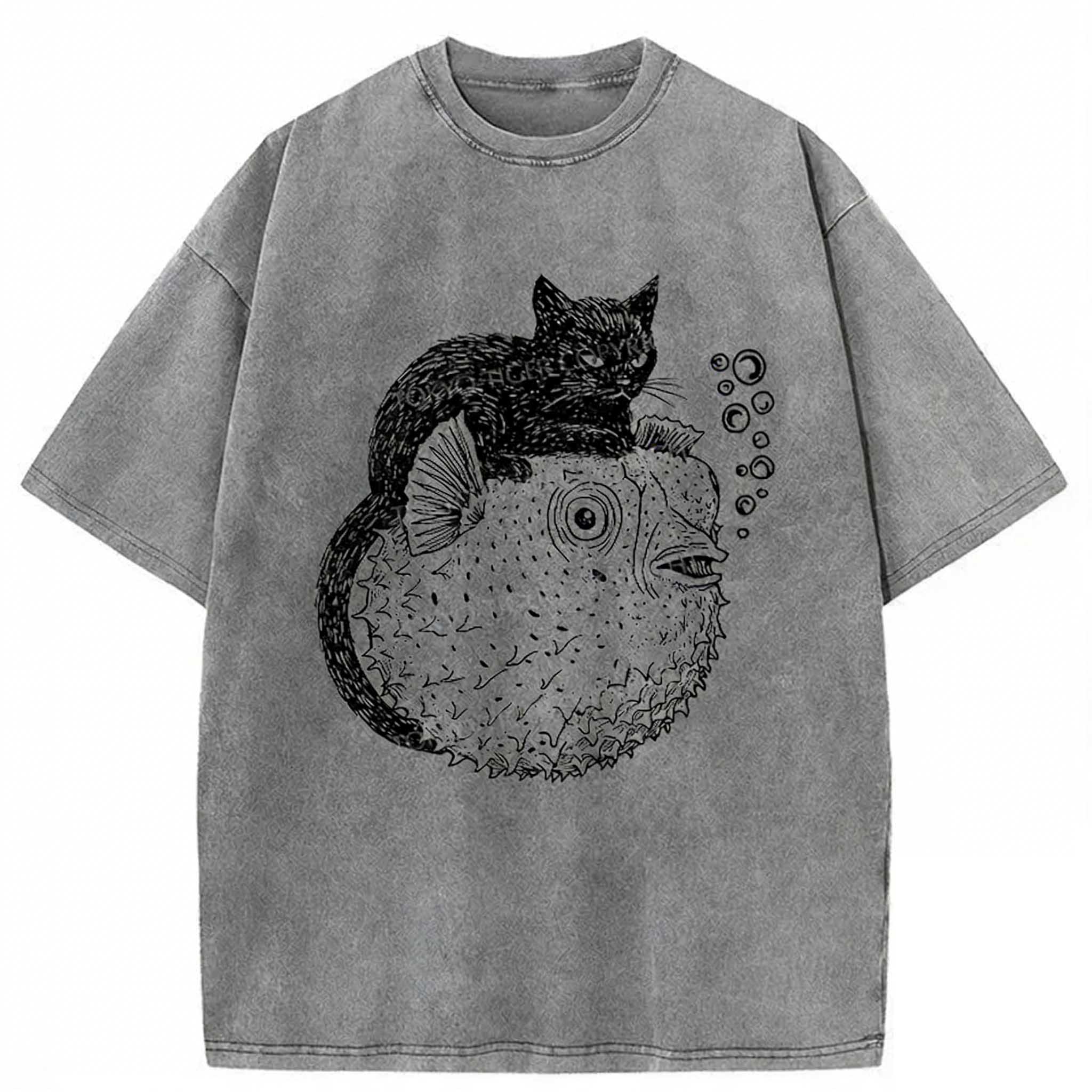Black Cat Riding A Pufferfish Washed T-shirt elevenforest