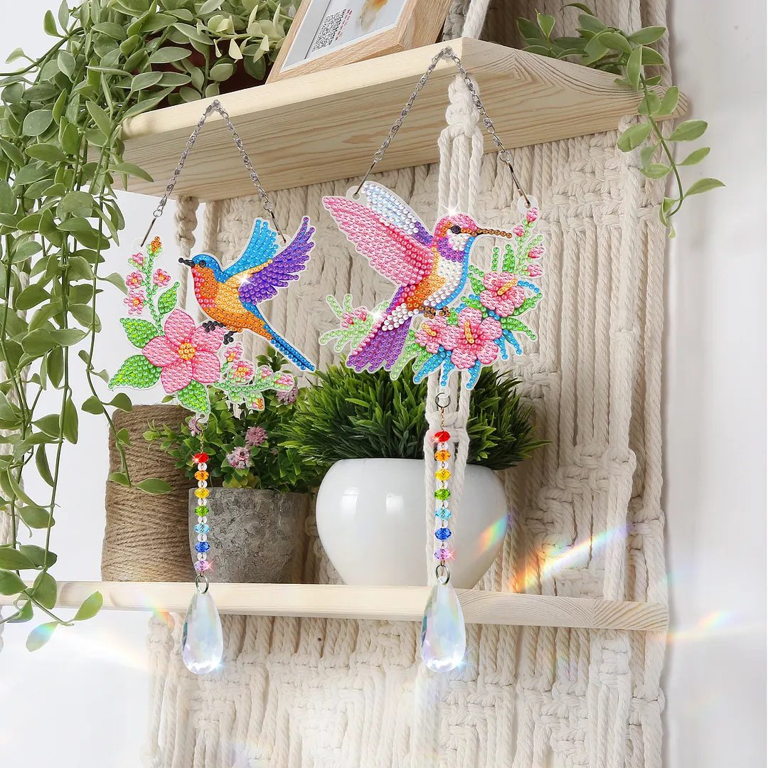 2Pcs Flowers and Hummingbirds DIY Double-Sided Diamond Painting Hanging Kits Diamond Painting Suncatcher Craft Kit for Home Garden Wall Decor Gift