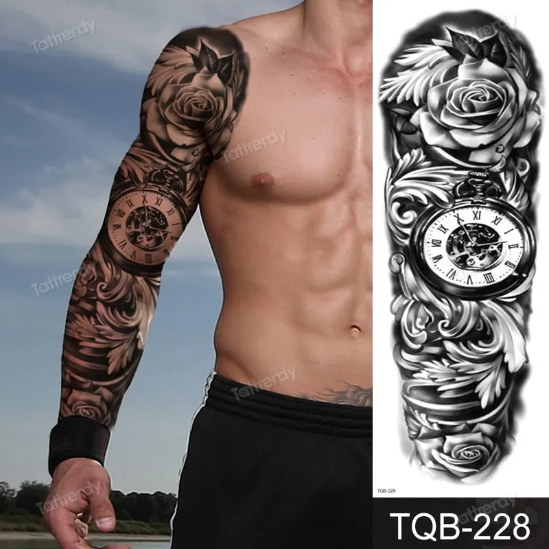 skull sleeve tattoo designs large full arm temporary tattoos for men boy tatoo fake waterproof tiger totem lion dragon pattern