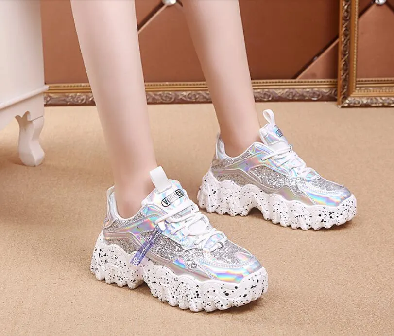 Fashion Women Shoes Dad Chunky Sneakers Women Luxury Comfortable Glossy Thick Sole Ladies Platform Wave Bottom Trainers Female