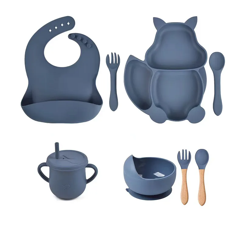 8Pcs Silicone Baby Feeding Tableware Set Includes Suction Bowl & Divided Plates & Adjustable Bib & Straw Sippy Cup with Lid & Forks & Spoons