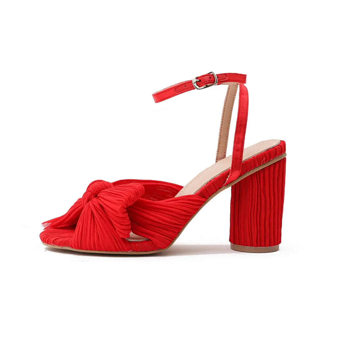 Women Sandals New Brand Summer Shoes Pleated Bow-Knot Round Heels Open Toe Dress Shoes Big Size Party Wedding Shoes