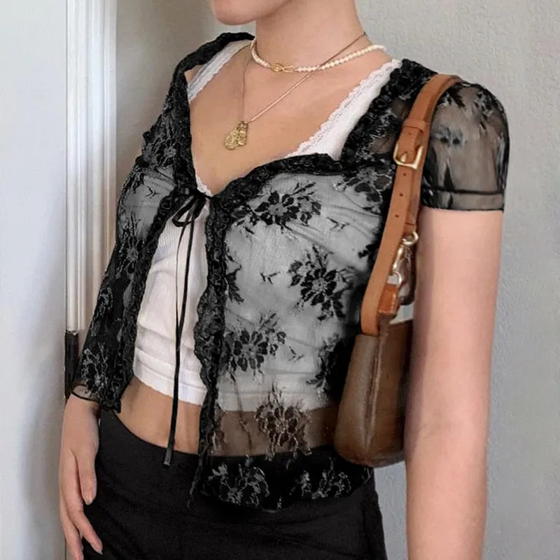 Rapcopter Floral Lace Cardigans Y2K Brown Crop Top Frill Cute T Shirt Tie Up Short Sleeve Tshirt Women Harajuku Tee Top Vintage