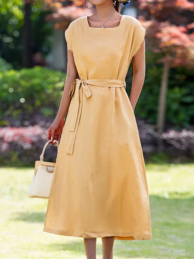 Vintage Belt Pocket Square Neck Dress