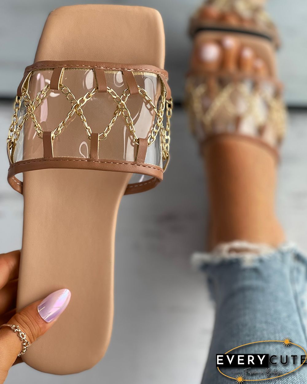 Chain Decor Clear Perspex Square Toe Slipper