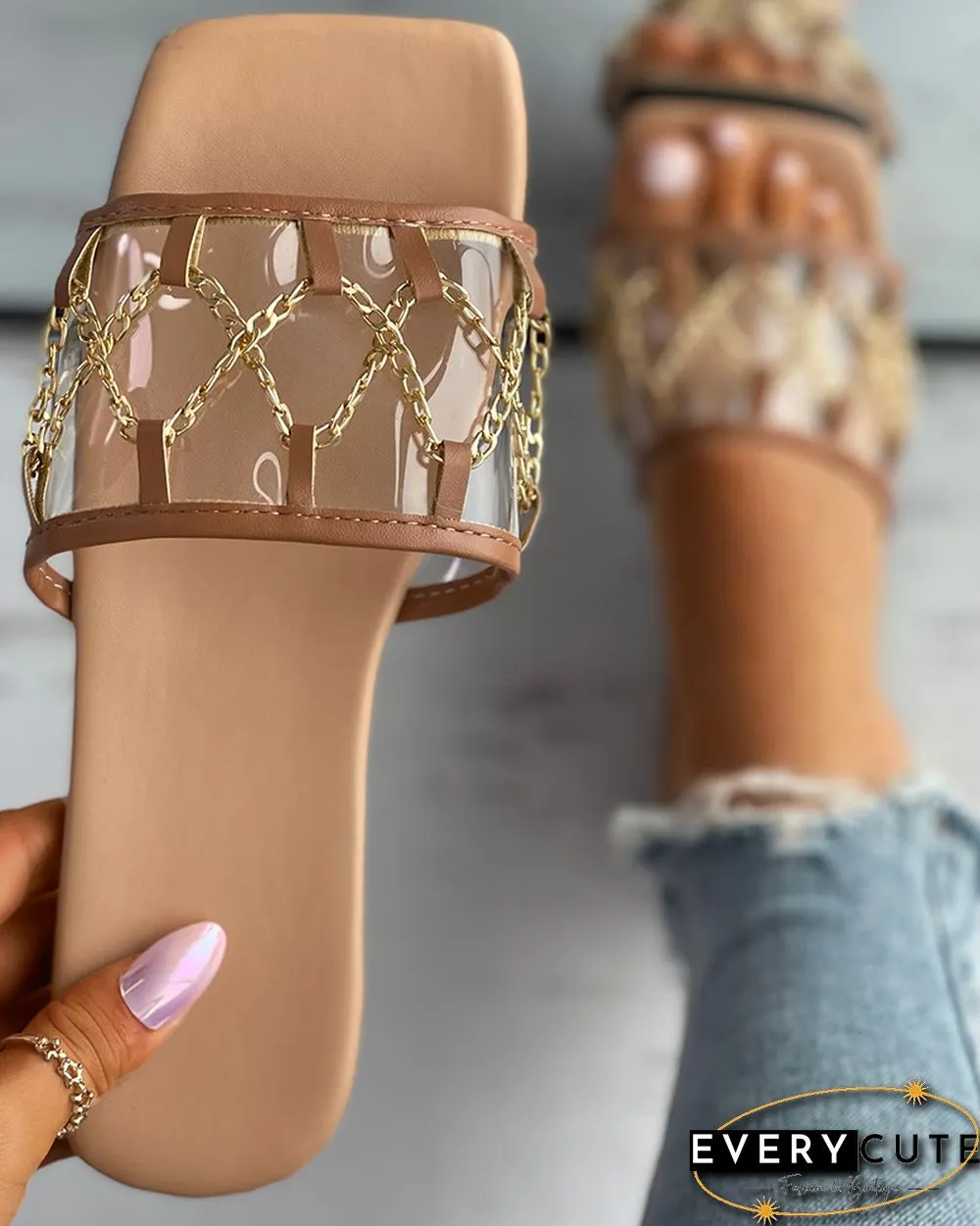 Chain Decor Clear Perspex Square Toe Slipper