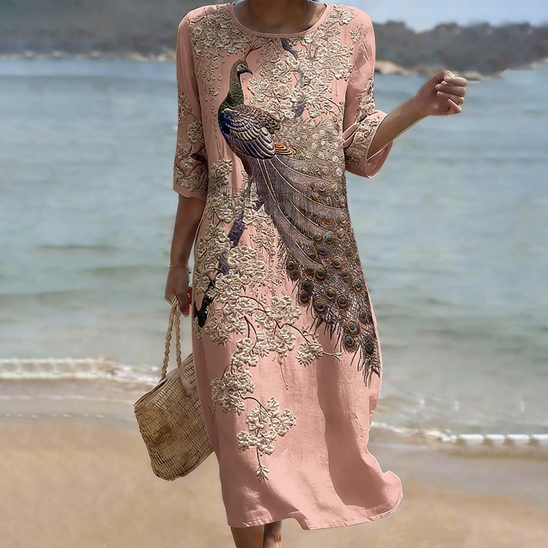 Women's Japanese Peacock Flower Art Print Round Neck Loose Midi Dress elevenforest