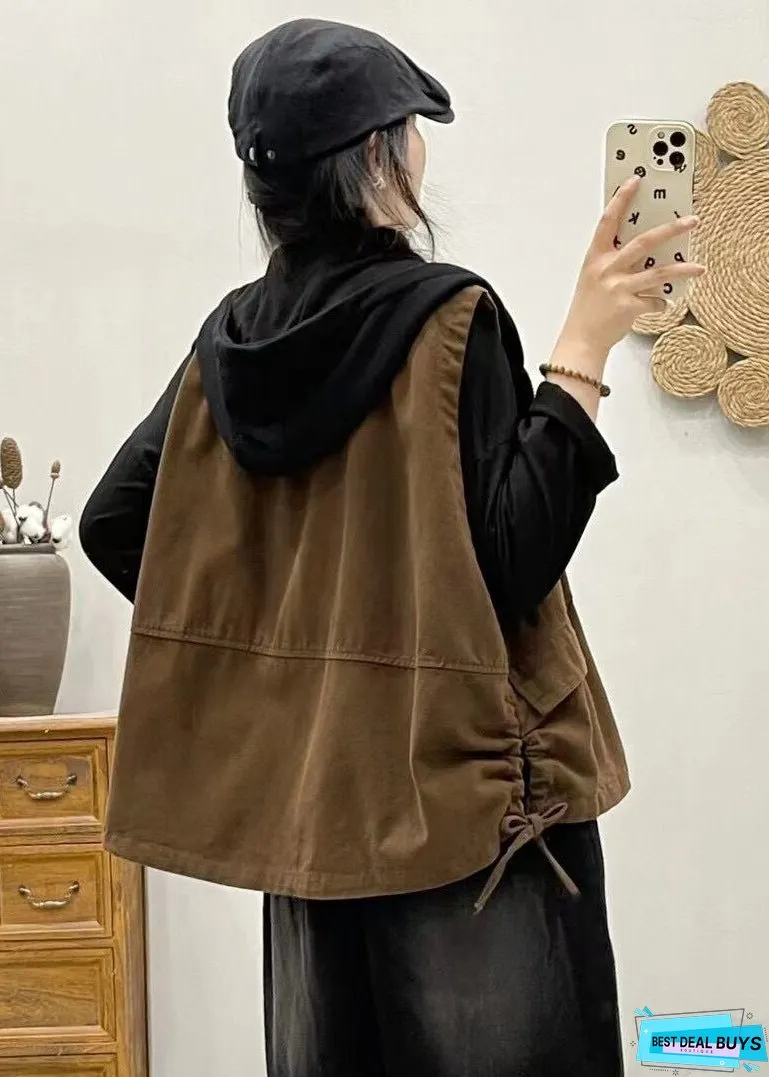 Women Khaki Hooded Zippered Patchwork Denim Vest Sleeveless