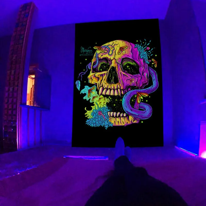 Fluorescent Starry Tapestry Skeleton Mushroom Psychedelic Black Light Wall Hanging Cloth DIY Home Decoration Trippy Room Decor