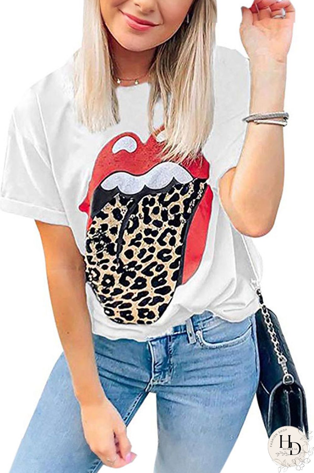Black White Black Grey O Neck Short Sleeve Patchwork Print Slim fit Lips Print Tops