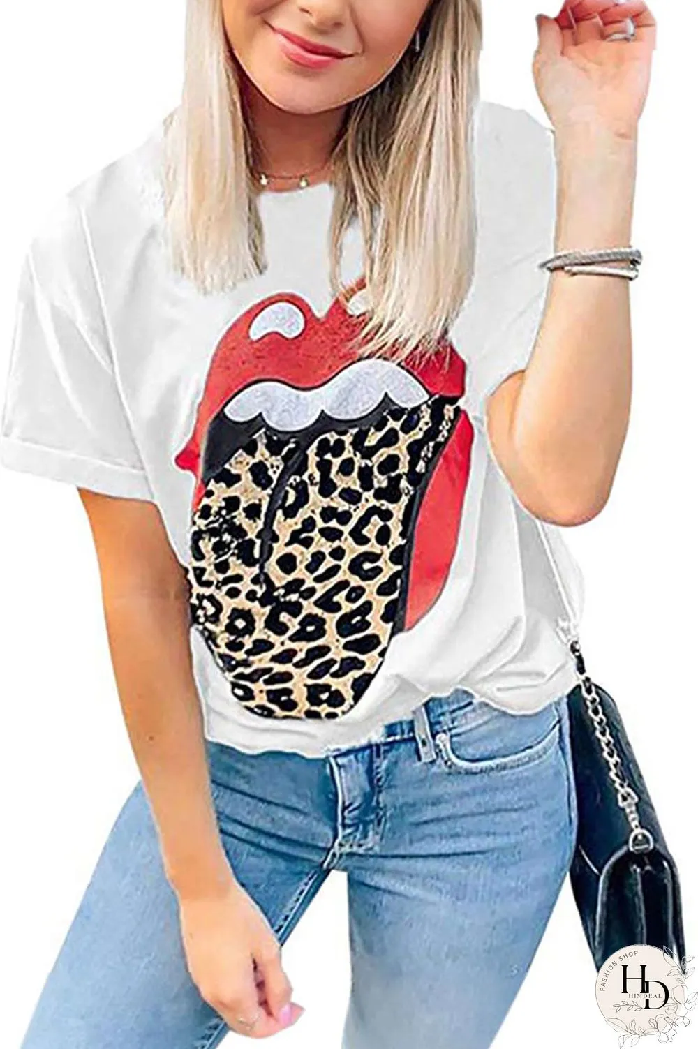 Black White Black Grey O Neck Short Sleeve Patchwork Print Slim fit Lips Print Tops