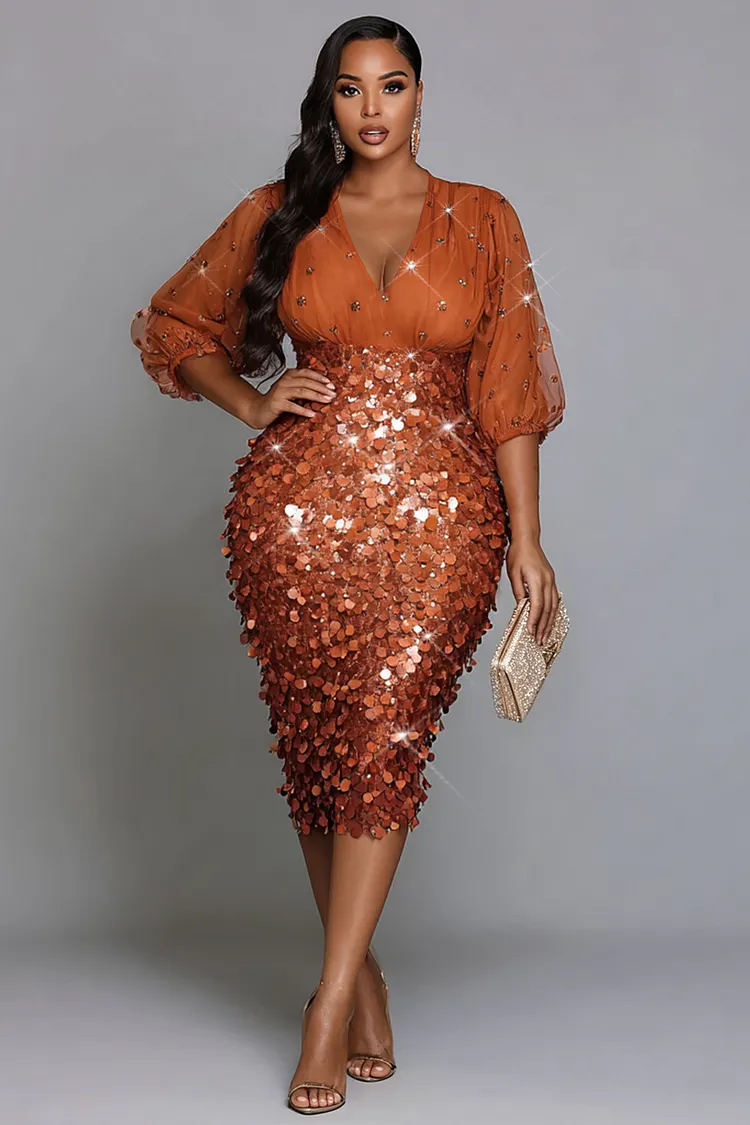 Xpluswear Design Plus Size Cocktail Party Chiffon Khaki V Neck Lantern Sleeve Half Sleeve Contrast Bodycon Sequin Midi Dresses [Pre-Order] 2024 - Xpluswear