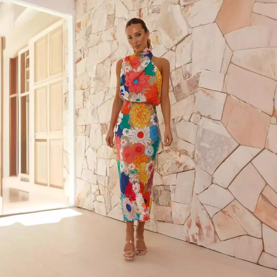 Brownm Brownm Years Holiday Style Fashion Print Hanging Neck Sleeveless Waist Dress-23117-1