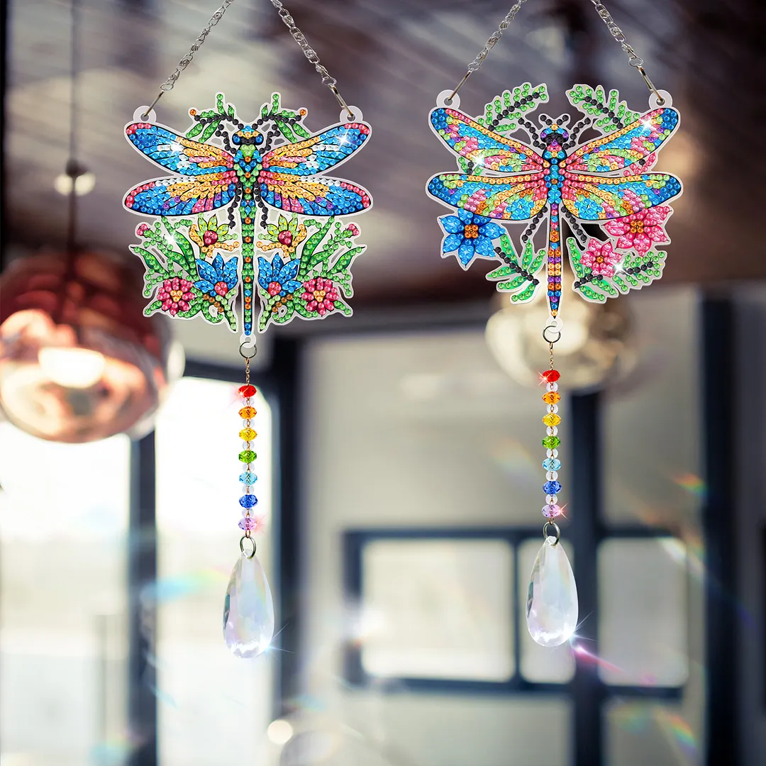 2Pcs Garden Dragonfly DIY Double-Sided Diamond Painting Hanging Kits Diamond Painting Suncatcher Craft Kit for Home Garden Wall Decor Gift