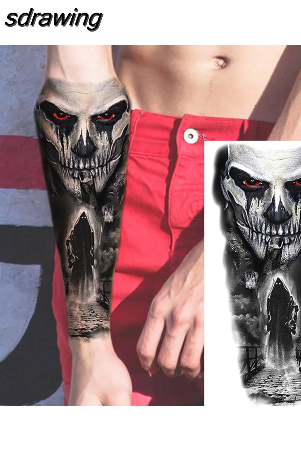 sdrawing Realistic Black Devil Temporary Tattoos For Men Adult Tiger Pirate Skeleton Vampire Fake Tattoo Forearm Scary Tatoo Joker