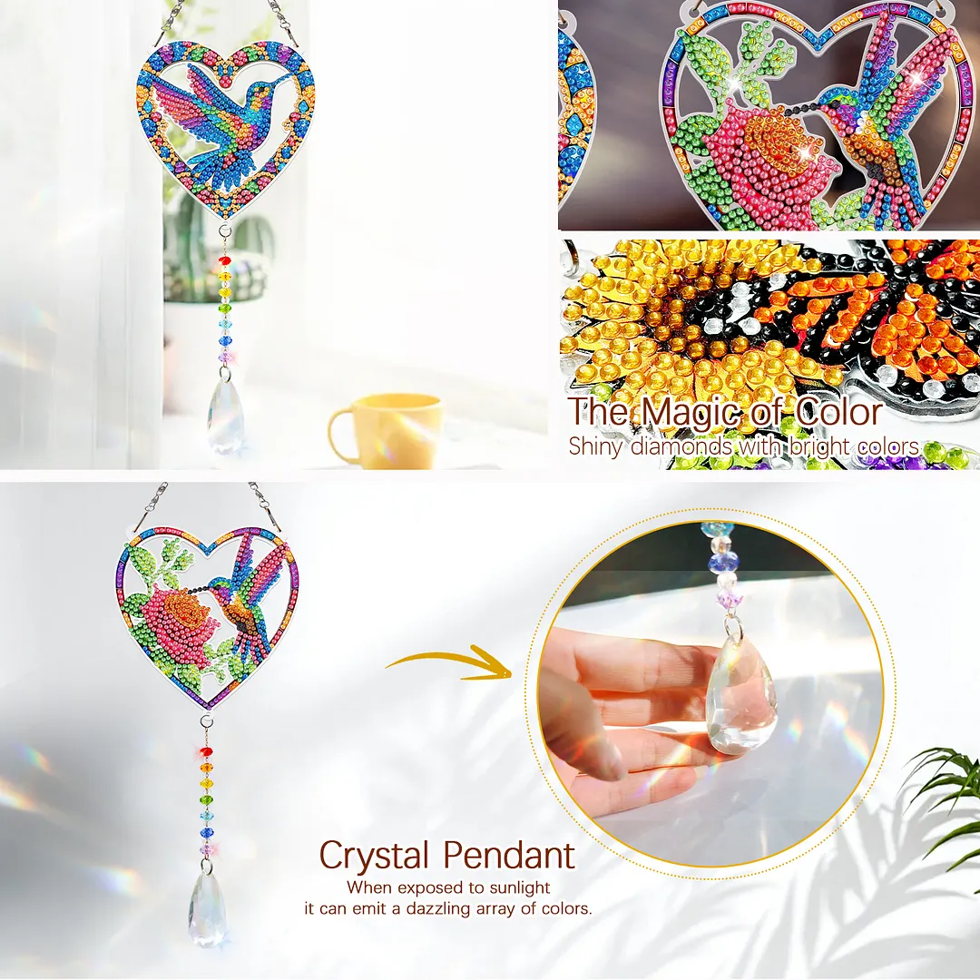2Pcs Love Hummingbird DIY Acrylic Diamond Painting Art Wind Chimes with Crystal Pendant Diamond Art Hanging Pendant Double-Sided for Adults Beginners Gift Home Garden Decor