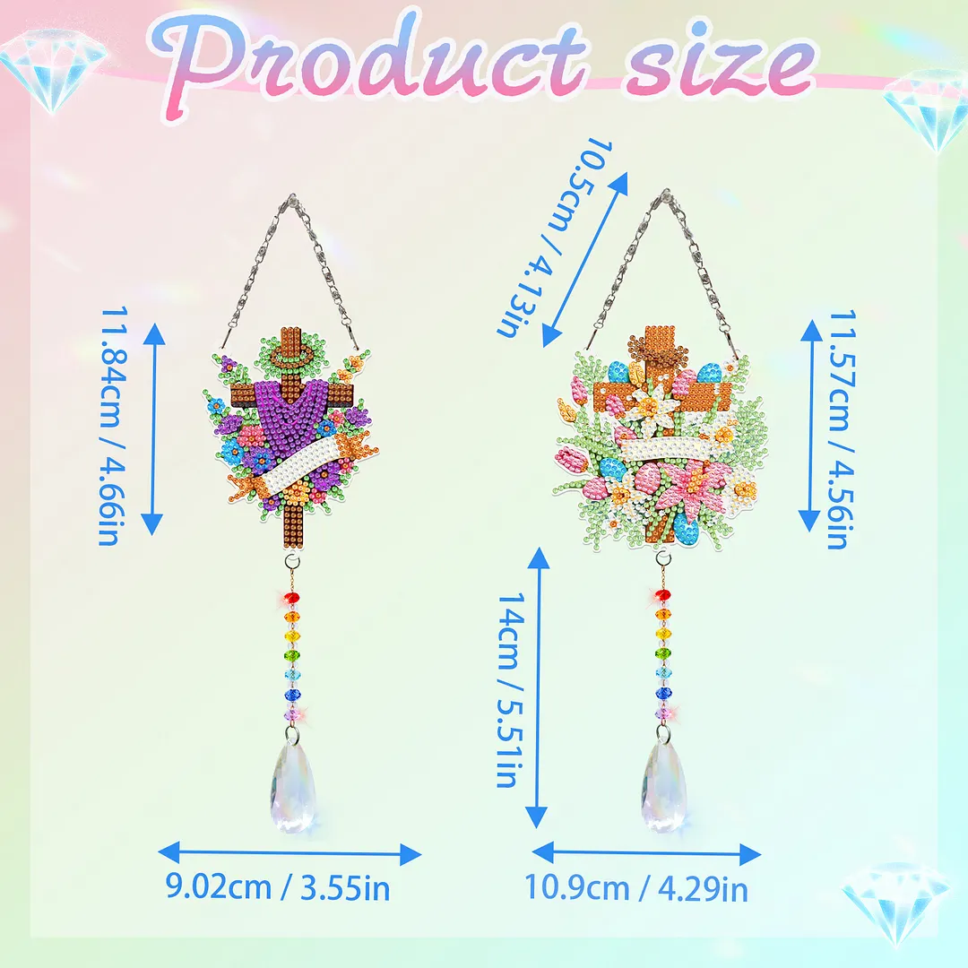 2Pcs Cross Faith DIY Acrylic Diamond Painting Art Wind Chimes with Crystal Pendant Diamond Art Hanging Pendant Double-Sided for Adults Beginners Gift Home Garden Decor
