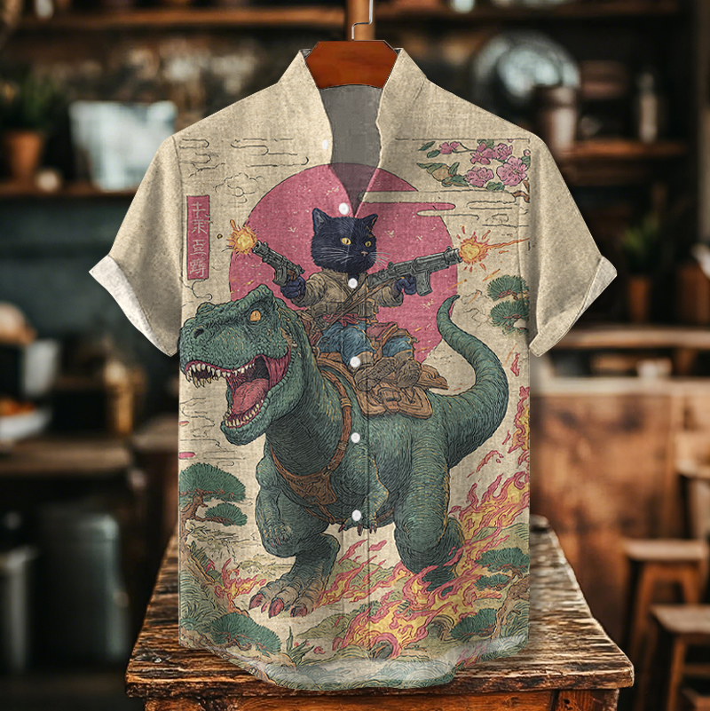 Men's Japanese Ukiyo-e Art Warrior White Cats Riding Dinosaur To Fight Art Print Short Sleeve Shirt