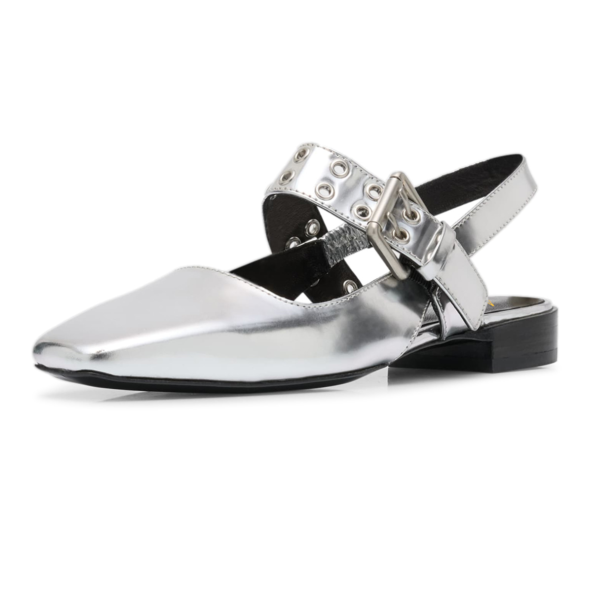 Metallic Silver Square Toe Block Heel Slingback Pumps with Buckle Nicepairs