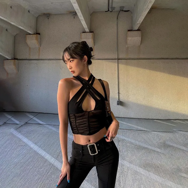Churchf Churchf Summer Fashion Trend Women's New Style Hanging Neck Back Hollow Out Slim Mesh Gauze Bottom Small Vest