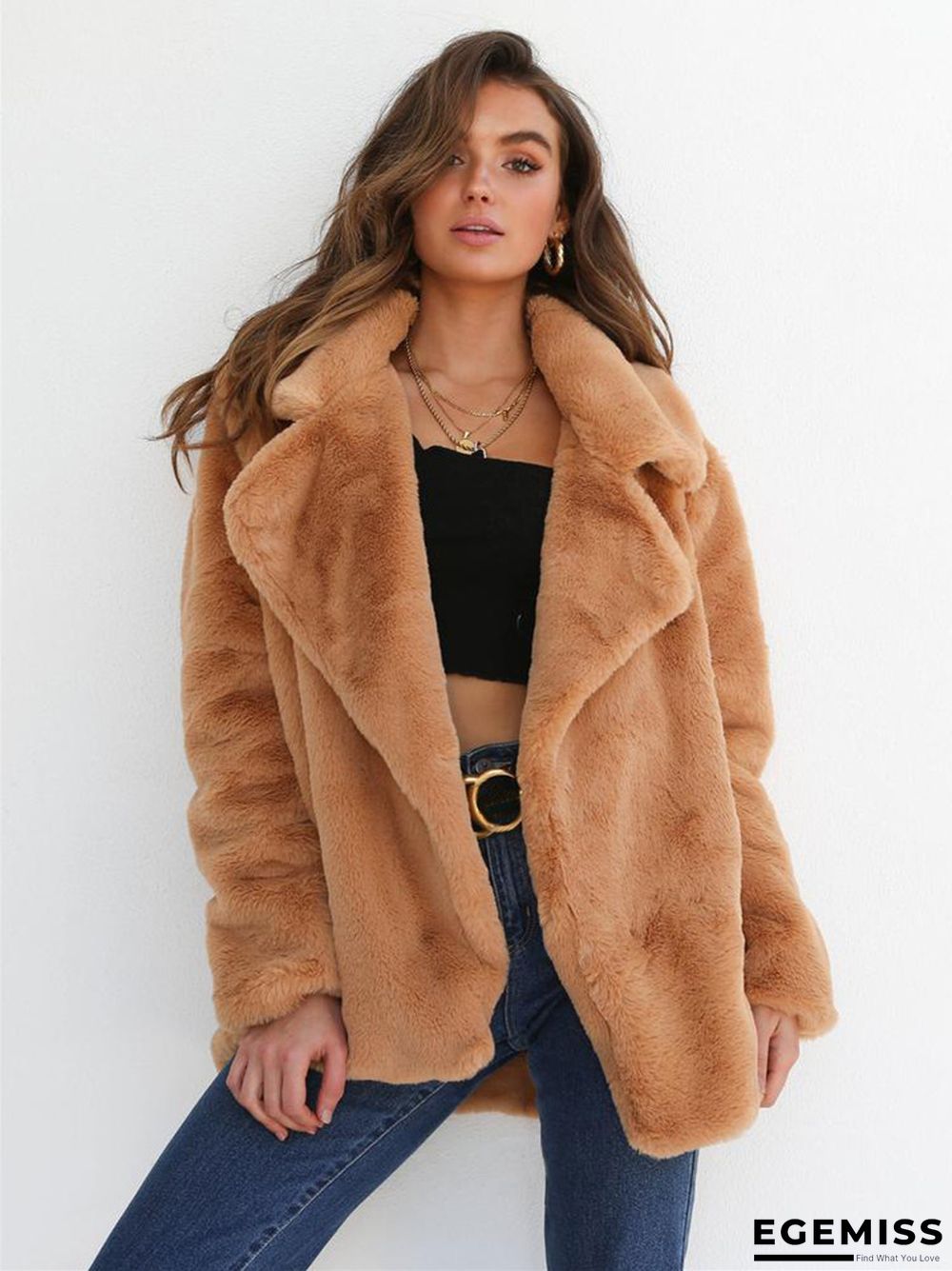Fashion Solid Color Sexy Plush Lapel Coat | EGEMISS