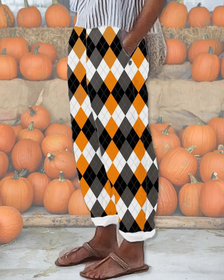 Women's Autumn Pumpkin Plaid Contrast Casual Pants