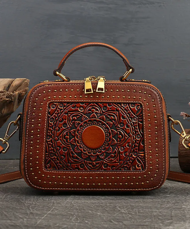 Elegant Brown Square Jacquard Rivet Calf Leather Satchel Handbag