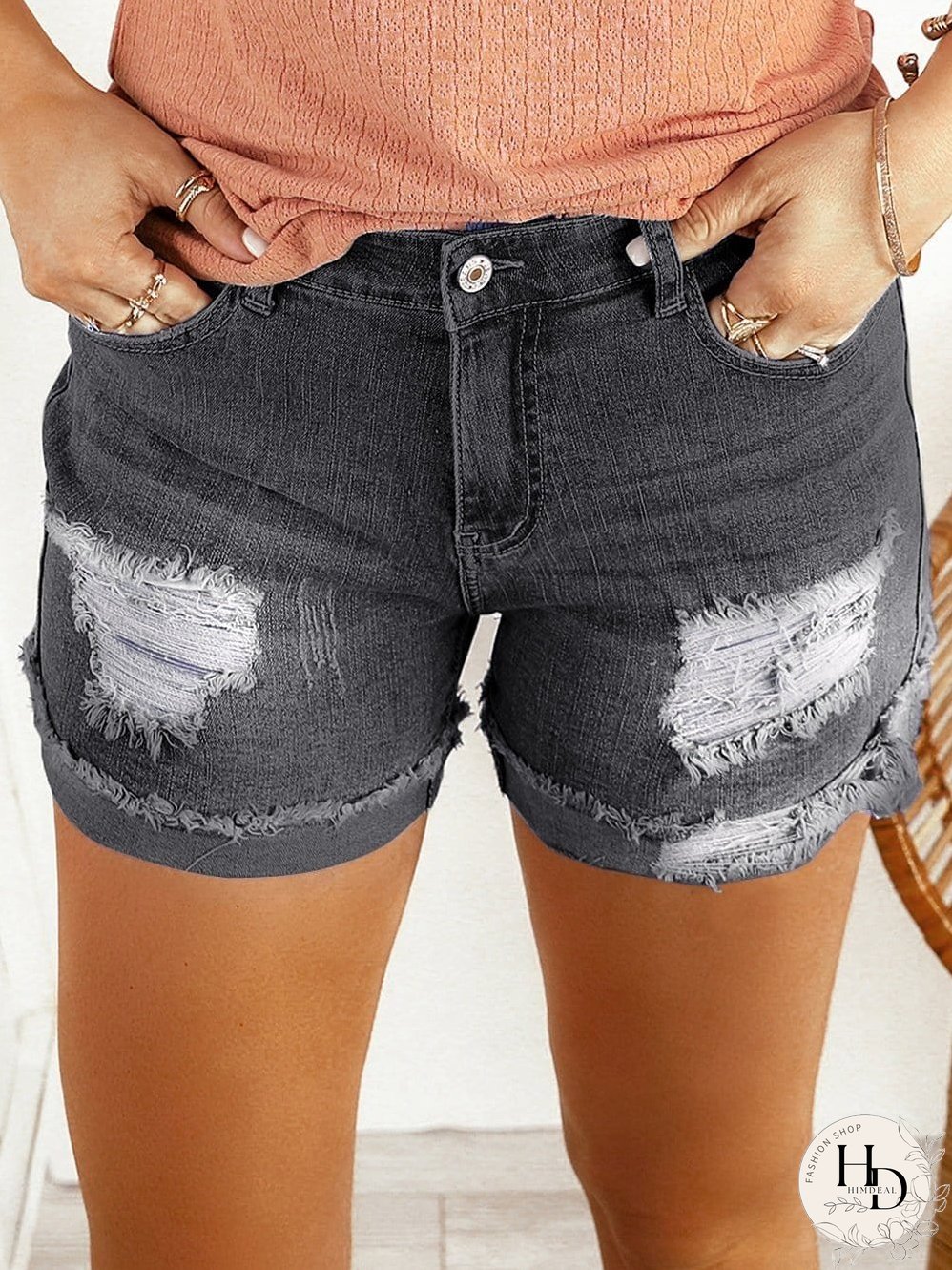 Vintage Chic Distressed Black Denim Shorts with Roll Hem
