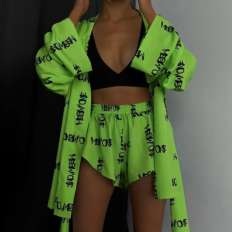 Churchf Churchf New Loose Print Women's Casual Tie Long Sleeve Pajamas High Waist Shorts Set Home Clothes