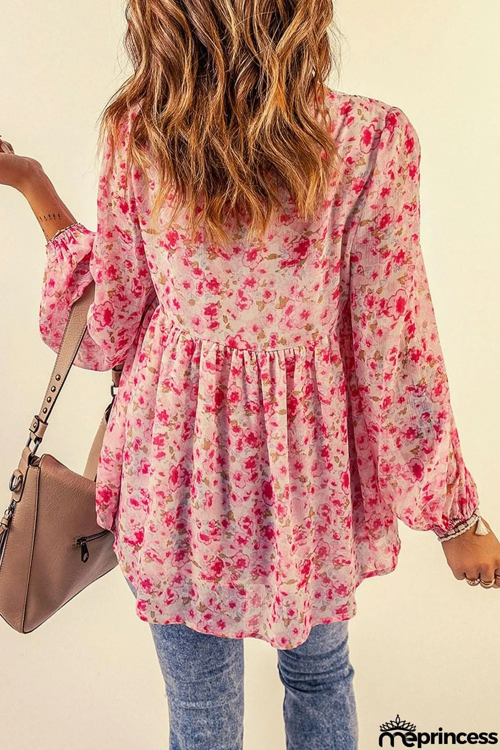 Floral Lace Trim Balloon Sleeve Blouse