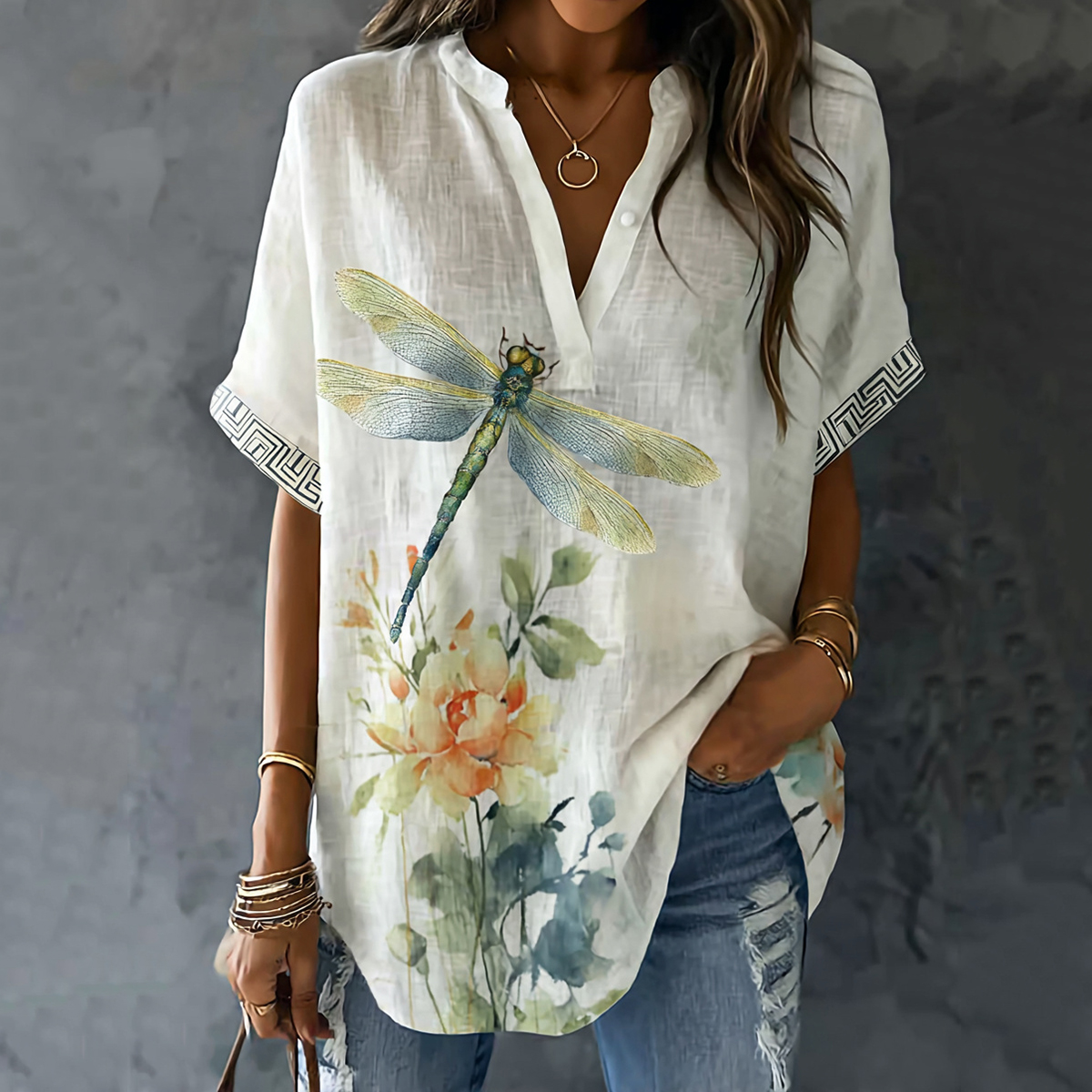 Comstylish Retro Dragonfly Pattern Linen Blend Short Sleeve Tops