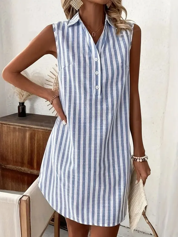 Women's Casual Vintage Plus-size Striped Cotton Linen Lapel Dress