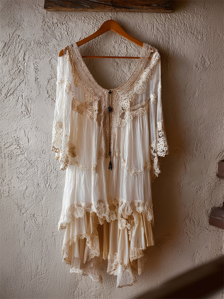 Boho Floral Lace Layered Flowy Linen Dress elevenforest