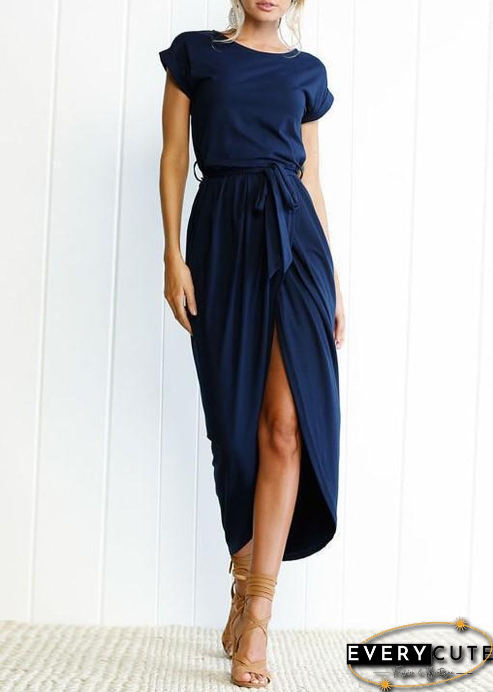 Solid Color Split-front Round-neck Maxi Dress