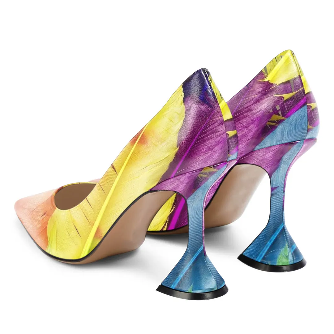 Eye-Catching Colorful Feather Vegan Leather Pumps for Elegant Ladies